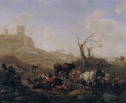 William Romeyn Cattle and sheep by a stream in a pasture,a town beyond oil painting artist